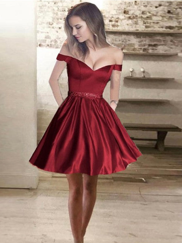 Red A-Line Off-Shoulder Short Satin Cheap Beaded Homecoming Dresses wi QueenaBridal Red A-Line Off-Shoulder Short Satin Cheap Beaded Homecoming Dresses wi QueenaBridal