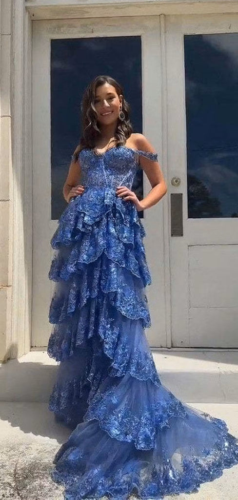 Elegant Dark Blue Off  Shoulder A-line Sequins Ruffles Long Prom Dresses,WGP414
