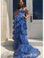 Elegant Dark Blue Off  Shoulder A-line Sequins Ruffles Long Prom Dresses,WGP414