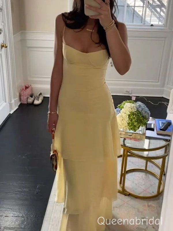 Elegant Yellow Chiffon Ruffled Tiered Evening Dress, WGP2285