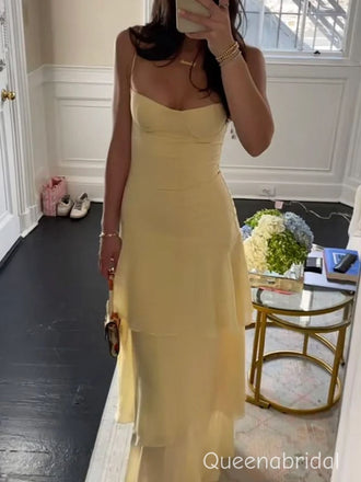 Elegant Yellow Chiffon Ruffled Tiered Evening Dress, WGP2285