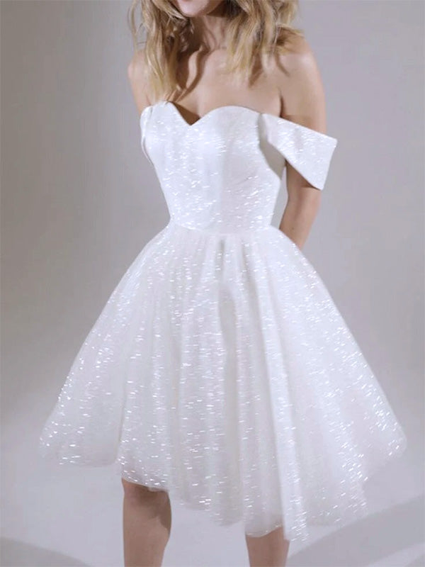 Elegant White Sweetheart Off Shoulder Tulle Sequin A Line Short Homecoming Dresses,QB0397