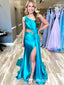 Sexy Light Blue One Shoulder Pleats Side Slit Mermaid Long Evening Prom Dresses,WGP501
