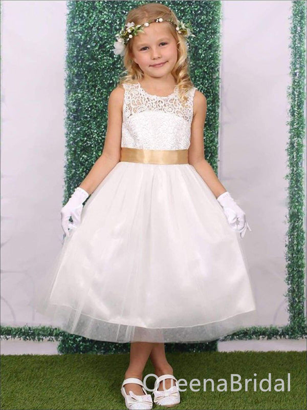 Cute White Lace Tulle A- Line Cheap Long Flower Girl Dresses, FGS0032