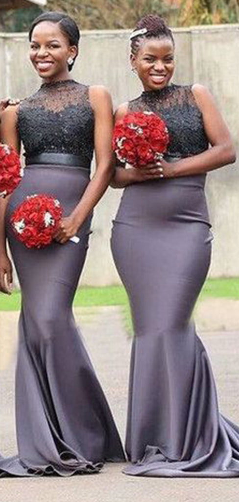 Elegant Illusion Grey Tulle Simple Cheap Mermaid Long Bridesmaid Dresses , BDS0196