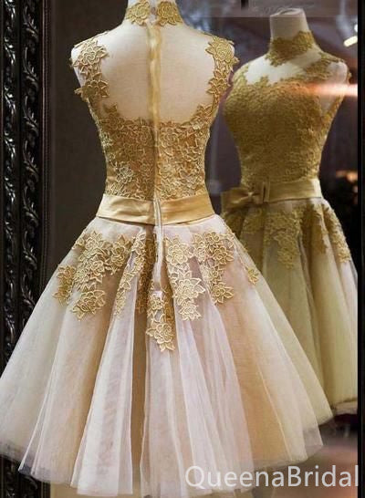 Elegant Gold Lace Appliques A-line High Neck Graduation Party Homecoming Dresses with Bow Knot ,QB0706