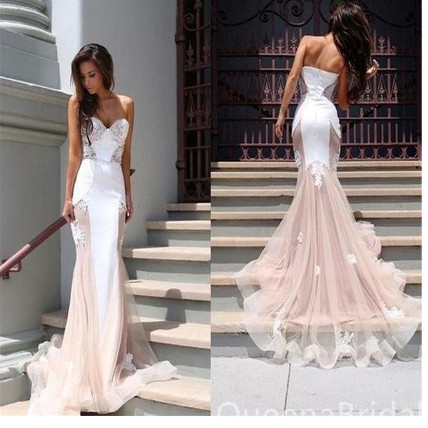 Lace Appliques Pink and White Strapless Sweetheart Evening Gown Maxi Long Evening Party Prom Dresses with Trailing ,WGP1223