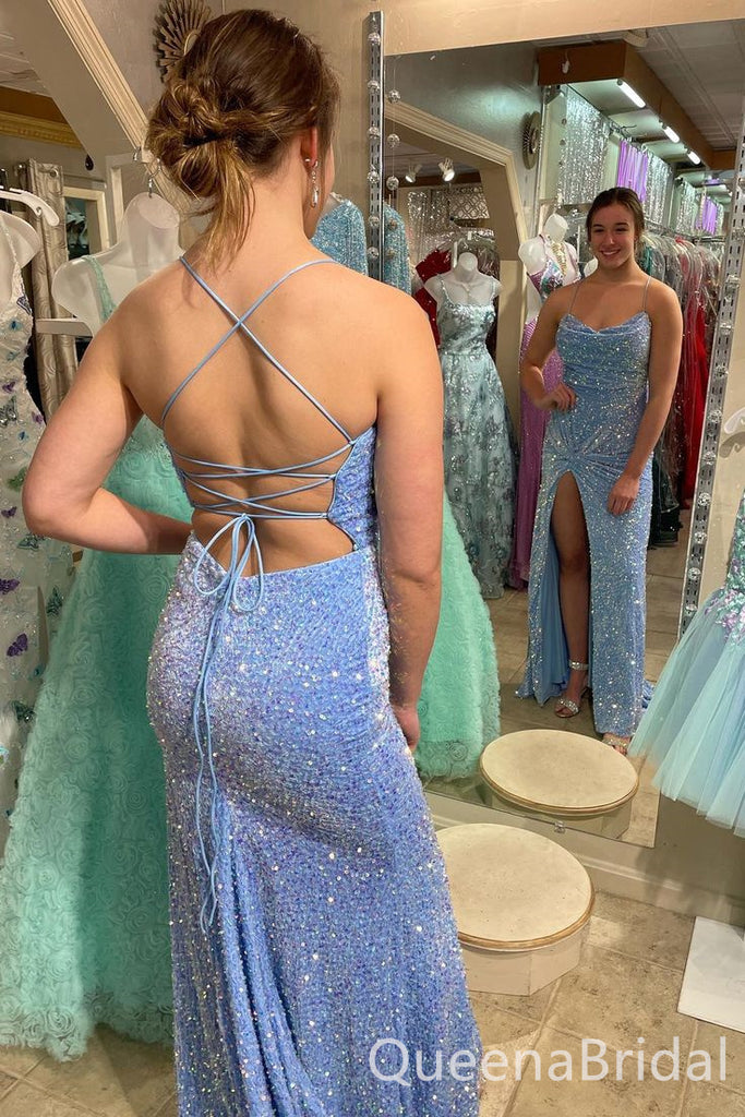 Sparkle Blue Lace Up Back Mermaid Spaghetti Straps Prom Dresses to Impress with Slit ,WGP1318