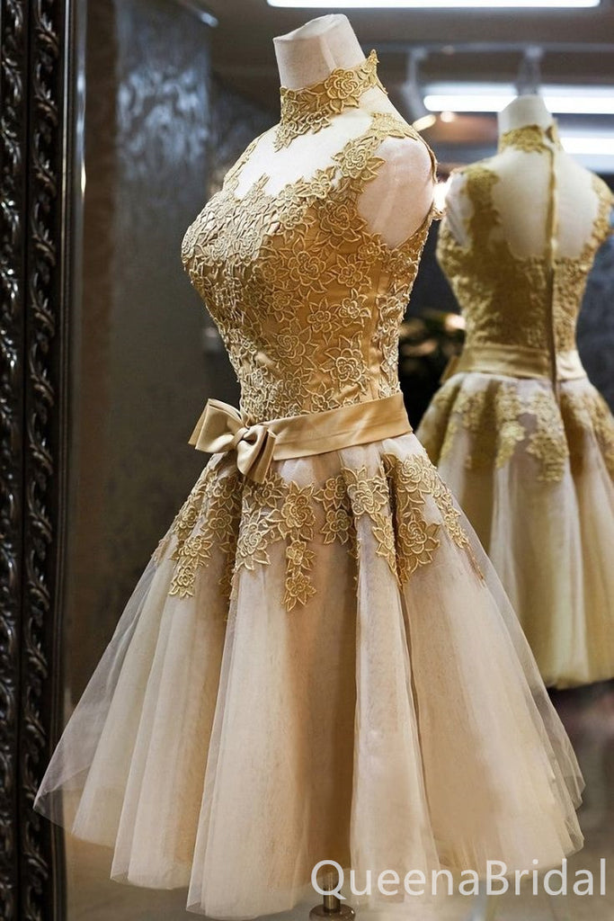 Elegant Gold Lace Appliques A-line High Neck Graduation Party Homecoming Dresses with Bow Knot ,QB0706