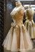 Elegant Gold Lace Appliques A-line High Neck Graduation Party Homecoming Dresses with Bow Knot ,QB0706