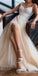 Elegant Spaghetti Straps Side Slit Appliques Tulle A-Line Long Wedding Dresses ,WGP221