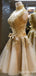 Elegant Gold Lace Appliques A-line High Neck Graduation Party Homecoming Dresses with Bow Knot ,QB0706