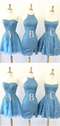 Mismatched Blue Elegant Lace Appliques Graduation Party Homecoming Dresses,QB0668