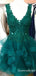 Charming Dark Green V-neck Lace Appliques A-line Short Short Homecoming Dresses with Ruffles, QB0620