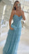 Blue Spaghetti Straps A-line Fluffy Evening Gown Maxi Long Evening Party Prom Dresses,WGP1179