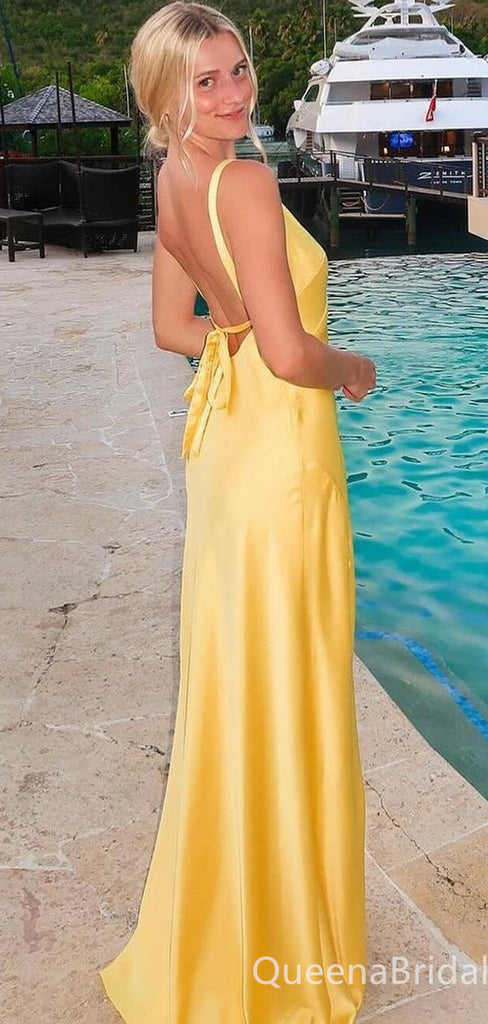 Sexy Elegant Column Yellow V Neck Open Back Evening Gown Long Prom Dresses ,WGP701