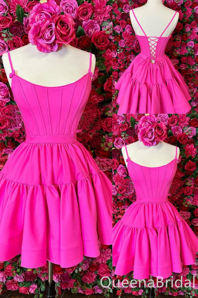 Hot Pink Spaghetti Straps Lace Up Back A-line Graduation Party Short Homecoming Dresses , QB0804