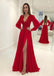 Elegant Red A-line V-neck Side Slit Long Sleeves Party Prom Dresses,Evening Dresses,WGP369
