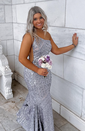 Sparkly Gray One-shoulder Mermaid Long Formal Gown to Impress,WGP1820