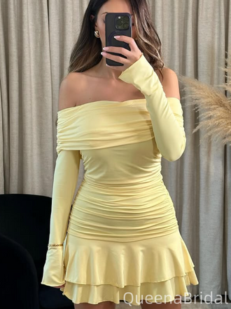 Elegant Yellow Long-sleeve Homecoming Dress Graduation Party Dress , QB0948
