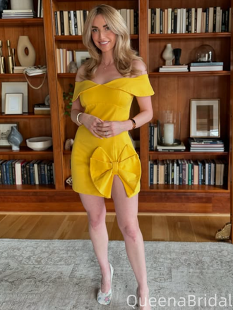 Popular Yellow Off-shoulder Bow Homecoming Dress Graduation Party Dress , QB0951