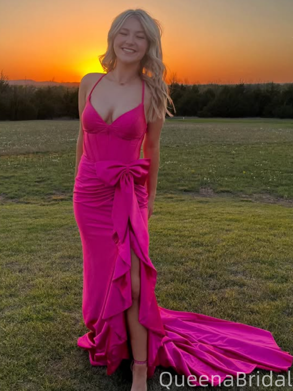 Sexy Pink Mermaid Spaghetti Straps Bow Long Formal Gown to Impress,WGP1958