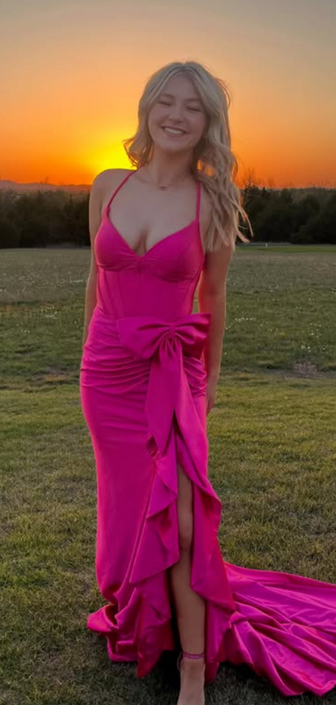 Sexy Pink Mermaid Spaghetti Straps Bow Long Formal Gown to Impress,WGP1958