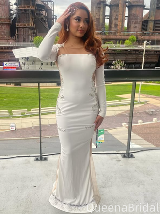 Popular White Long Sleeve Mermaid Long Formal Gown to Impress,WGP1981