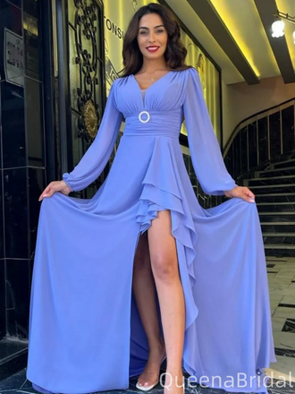 Popular Purple Long Sleeve Slit Long Formal Gown to Impress,WGP1990