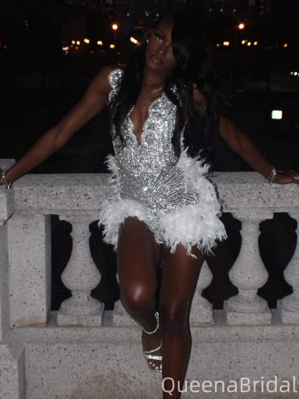 Sparkly White V-neck Homecoming Dress Graduation Party Dress , QB0964