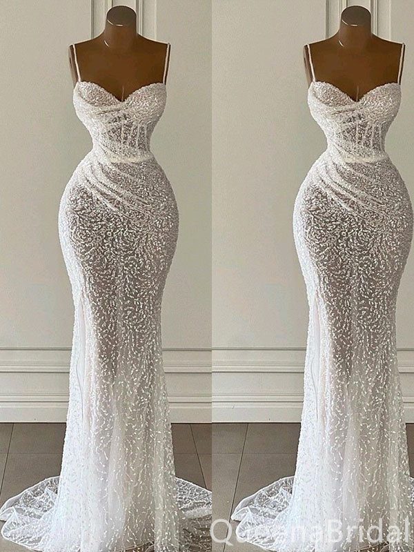 Stylish Spaghetti Straps White Mermaid Sweetheart Long Party Dress Prom Dresses ,WGP1864