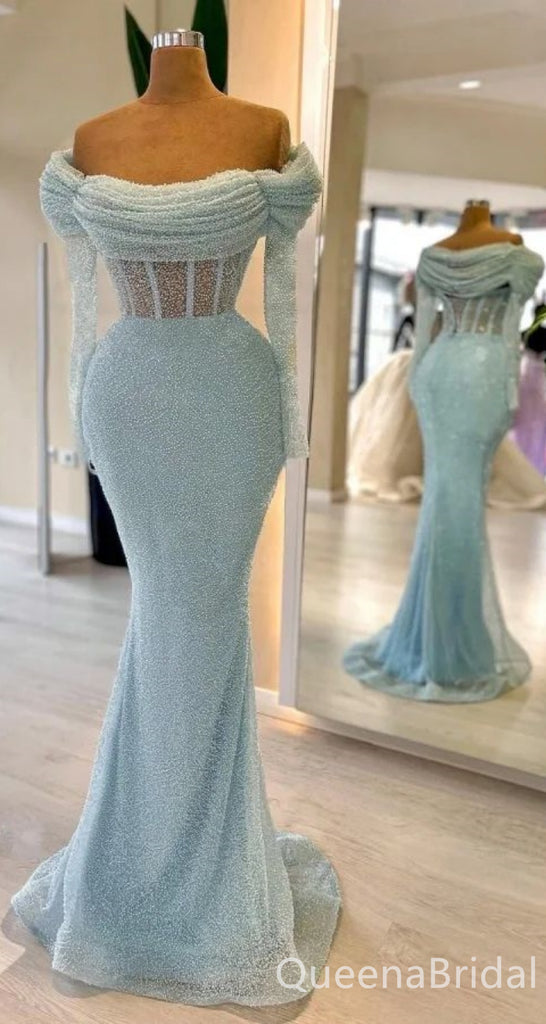 Gorgeous Light Blue Long Sleeves Mermaid Off Shoulder Long Party Dress Prom Dresses ,WGP1865