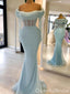 Gorgeous Light Blue Long Sleeves Mermaid Off Shoulder Long Party Dress Prom Dresses ,WGP1865