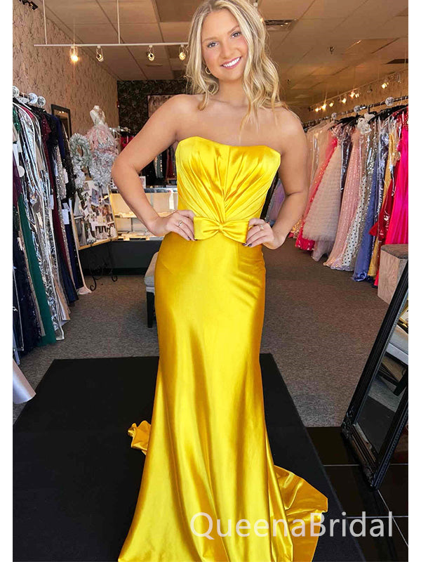 Elegant Yellow Pleats Strapless Mermaid Long Evening Prom Dresses,WGP510