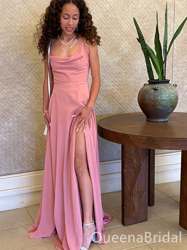 Elegant Pink Spaghetti Strap A-Line Side Slit Long Prom Dresses,WGP431