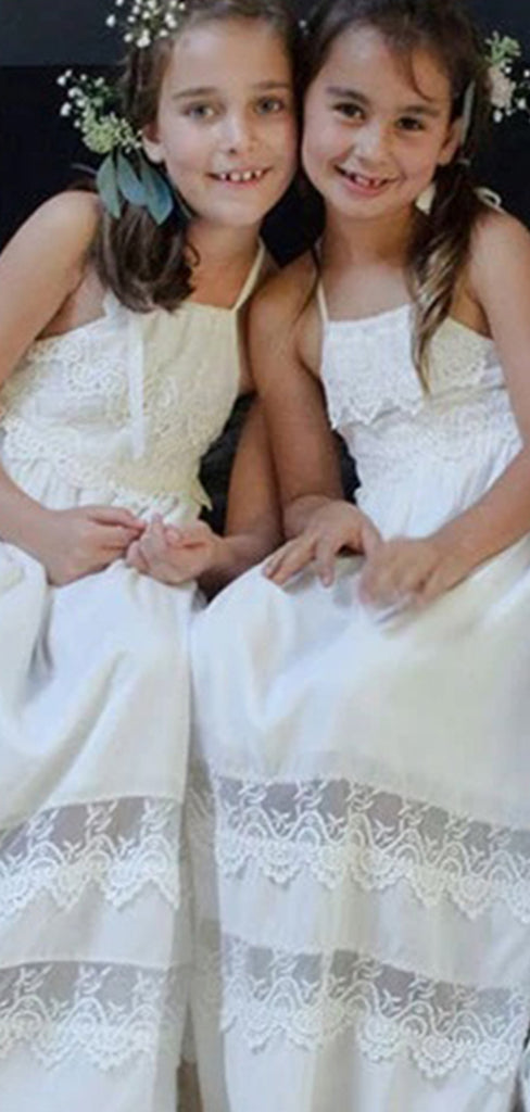 Cute White Spaghetti Straps Lace Tulle A- Line Cheap Simple Long Flower Girl Dresses, FGS0039