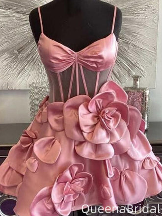 Elegant Spaghetti Strap V-neck Pink A-line Homecoming Dress Graduation Party Dress,QB0970