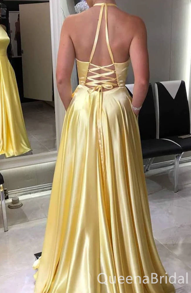 Elegant Light Yellow Lace Up Back A-line Evening Gown Maxi Long Formal Dresses Prom Dresses ,WGP849