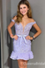 Sexy Off-the-shoulder Light Purple Plunging Mermaid Short Homecoming Dresses Tight with Ruffles, QB0626