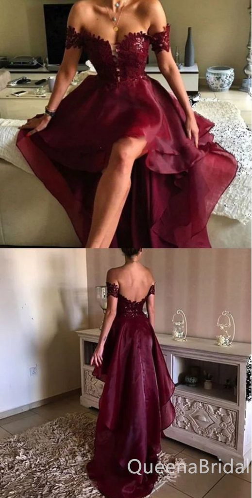 Charming Lace Appliques High Low Open Back Burgundy Off-the-shoulder Sweetheart Evening Gown Long Formal Dresses Prom Dresses,WGP786