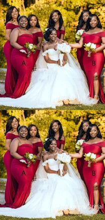 Mismatched Red Mermaid Long Bridesmaid Dresses , BDS0200