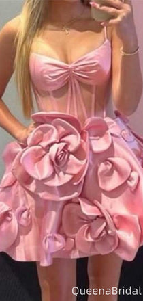 Elegant Spaghetti Strap V-neck Pink A-line Homecoming Dress Graduation Party Dress,QB0970