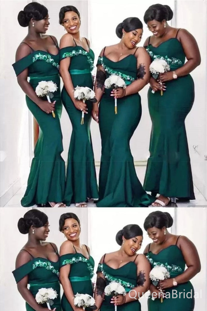 Green Spaghetti Straps Flower Decorations Mermaid Long Bridesmaid Dresses , BDS0195