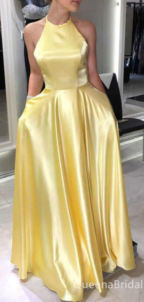 Elegant Light Yellow Lace Up Back A-line Evening Gown Maxi Long Formal Dresses Prom Dresses ,WGP849