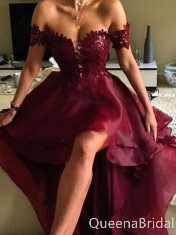 Charming Lace Appliques High Low Open Back Burgundy Off-the-shoulder Sweetheart Evening Gown Long Formal Dresses Prom Dresses,WGP786