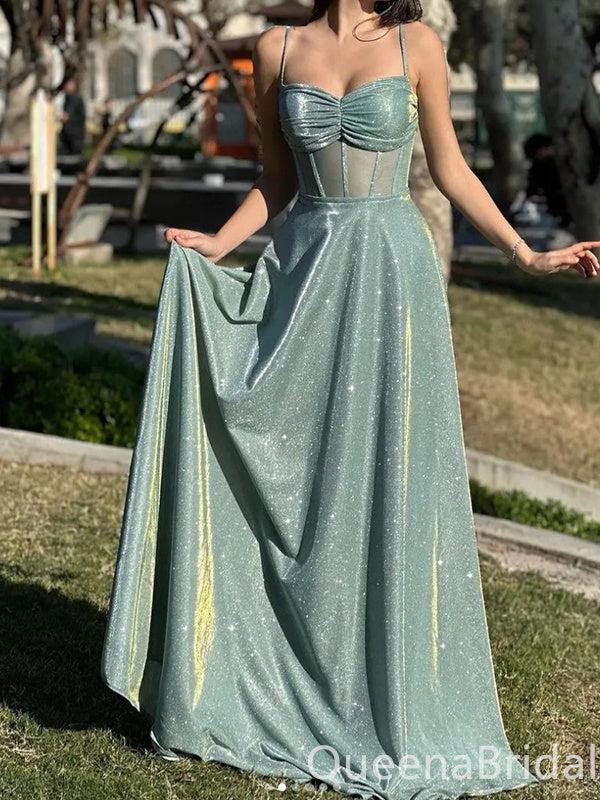 Sparkle Green Spaghetti Straps A-line Evening Gown Maxi Long Evening Party Prom Dresses ,WGP1199