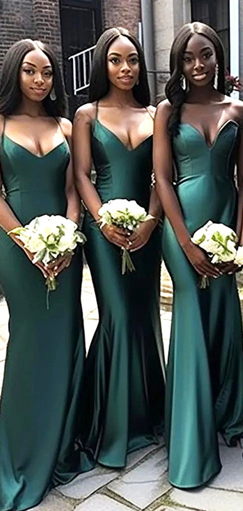 Elegant Green Spaghetti Straps V Neck Simple Mermaid Long Cheap Bridesmaid Dresses, BDS0153