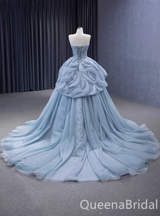 Gorgeous Blue Strapless A-line Sweetheart Lace up Back Ball Gown Party Dress Long Prom Dresses to Impress ,WGP1468