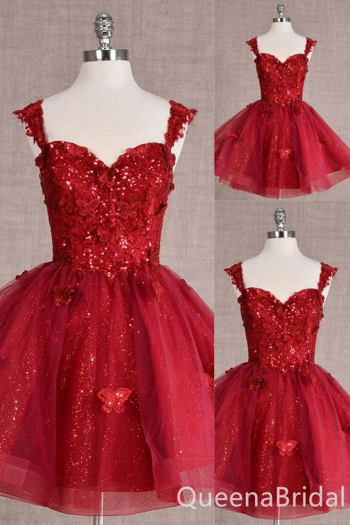 Red Lace Appliques Sweetheart A-line Graduation Party Short Homecoming Dresses , QB0805