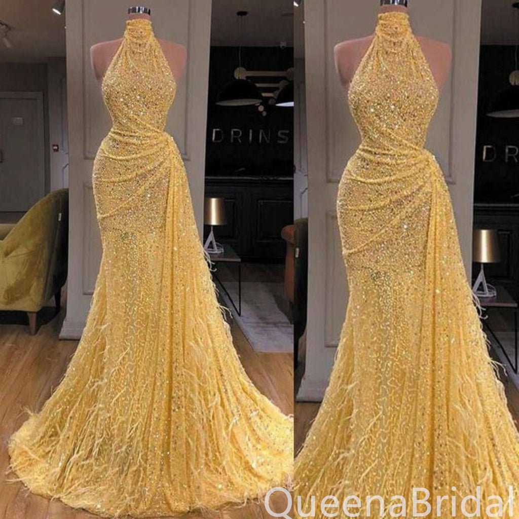 Shiny Yellow High Neck Mermaid Party Dress Long Prom Dresses to Impress ,WGP1622